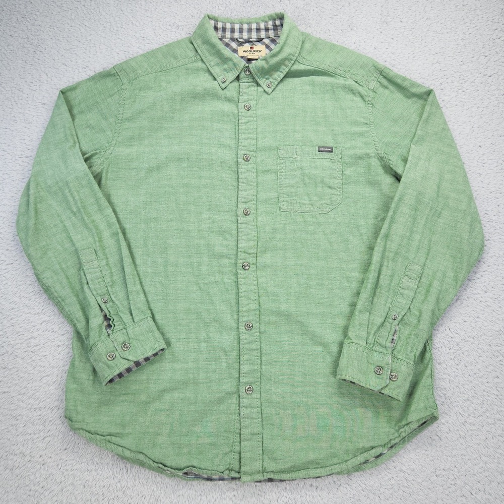 Woolrich Shirt Mens Large Green Solid Cotton Button Down L/S Plaid Lined Casual